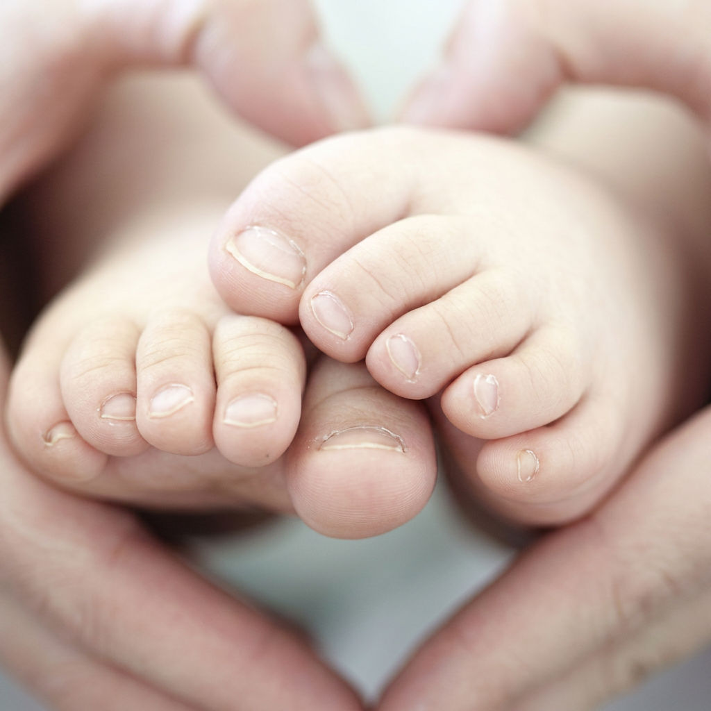 Newborn feet cradled in parent's hands